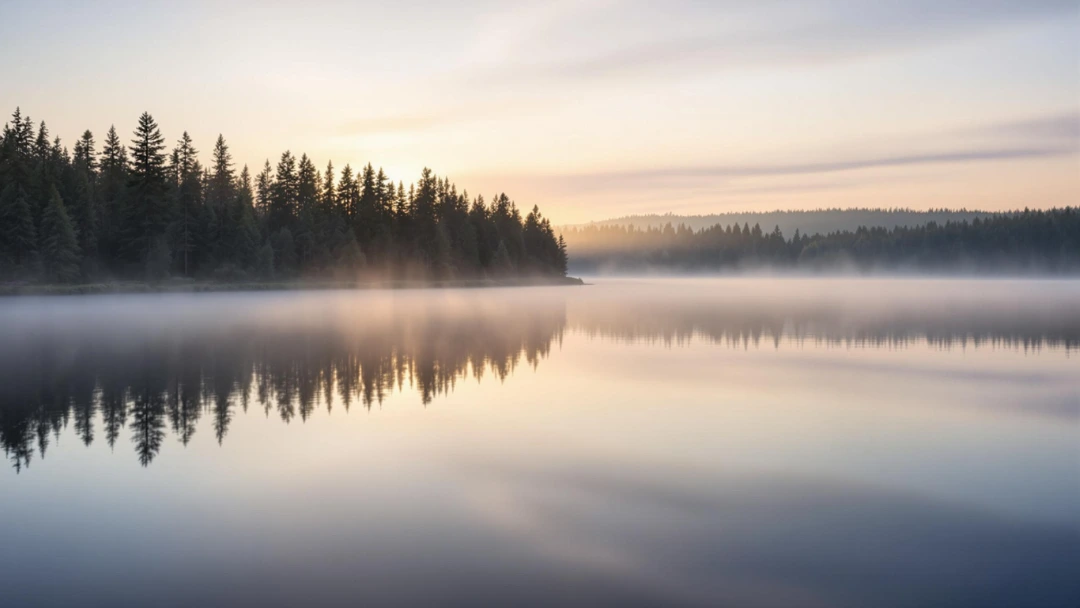 Lever de soleil sur le lac de Vassivière entouré de sapins, reflet parfait dans l’eau calme, atmosphère paisible et brume légère — illustration du slow tourisme en Creuse.