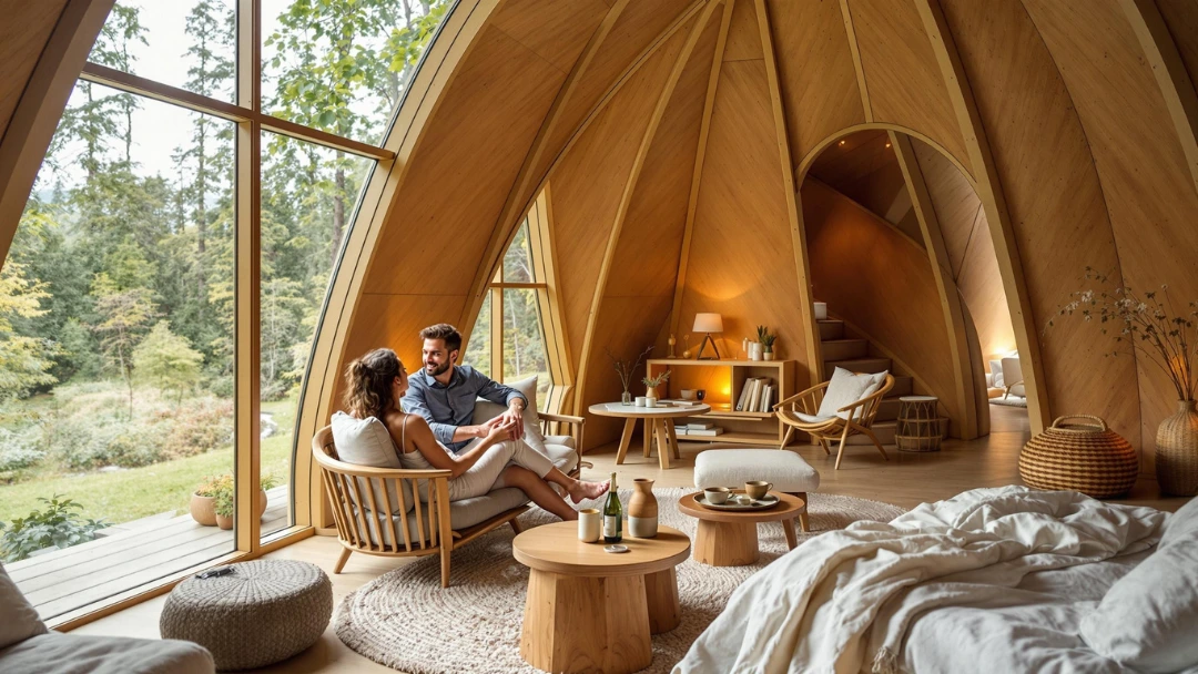 Couple profitant d’un séjour slow dans une cabane écologique de luxe, architecture en bois courbé, vue sur la forêt, décoration minimaliste et naturelle — illustration d’un hébergement haut de gamme en pleine nature.